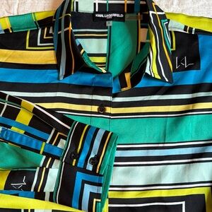 Karl Lagerfeld Women’s Geometric  Button-Up blouse tunic in green/Blue/Yellow